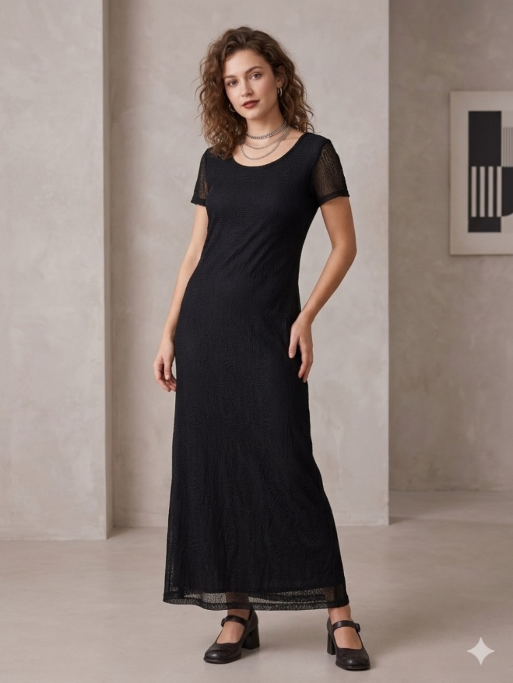Vintage Black Short-Sleeve Sheer Maxi Dress